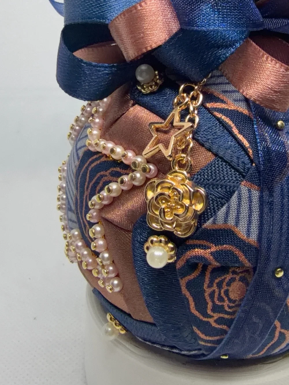 Handcrafted Navy and Rose Gold Star Fabric Christmas Ornament